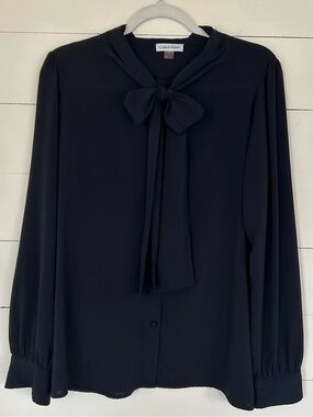 Calvin Klein Navy Long-Sleeve Silky Blouse, With Bow, Size Large
